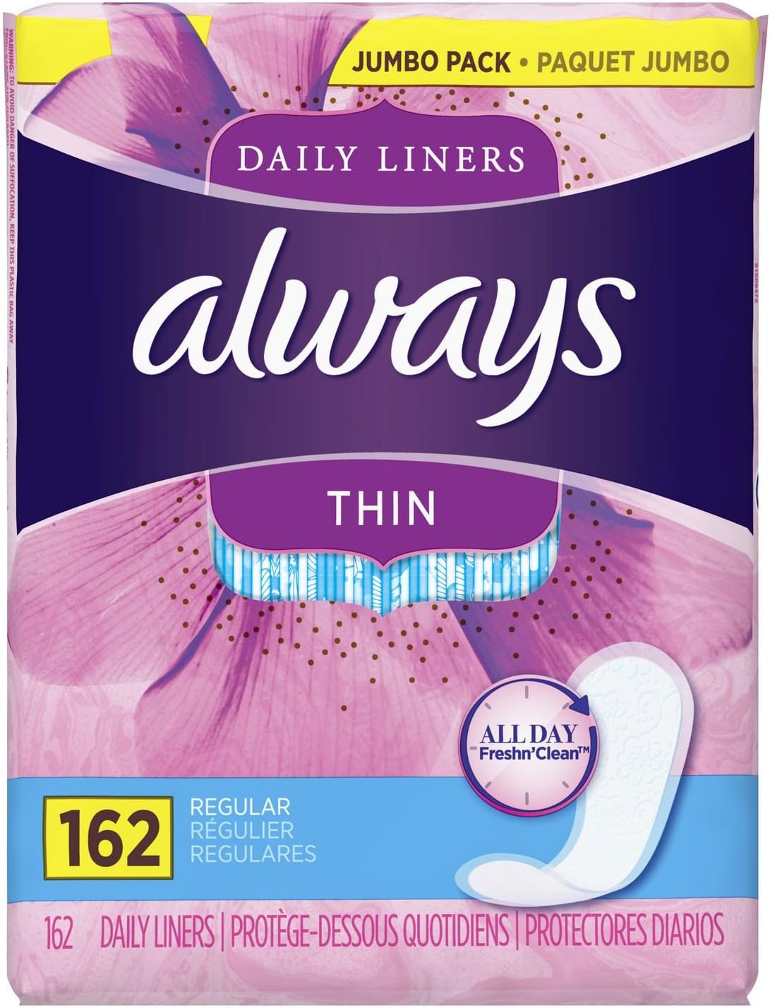 Always Thin Unscented Daily Liners, Wrapped, Regular Absorbency, 162 Count