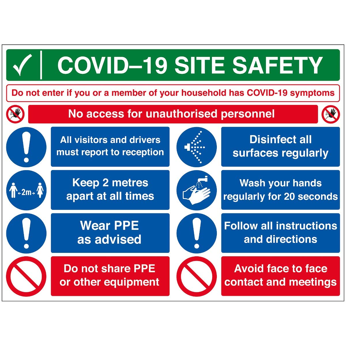 V Safety Covid-19 Site Safety Sign - No Unauthorised Persons - 800mm x 600mm - 2mm Rigid Plastic