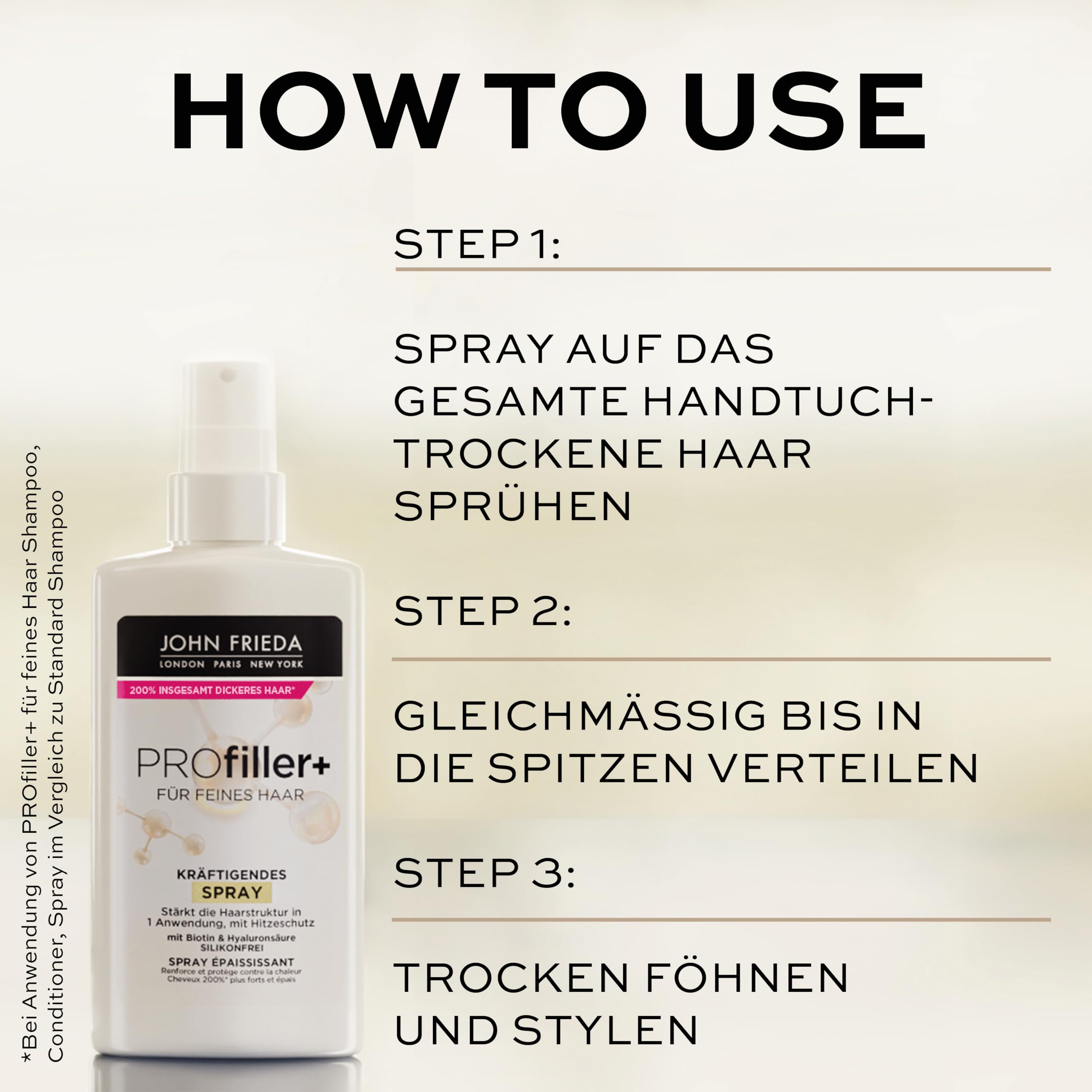 John Frieda Profiller+ Vorteils-Set - Inhalt: Shampoo, 250ml + Conditioner, 250ml + Kräftigendes Spray, 150ml - Für feines Haar - Mit Biotin & Hyaluronsäure 7