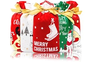 Ouddy Mode 50 Pack Christmas Gift Bags, Reindeer, Santa Claus, Ice Skates Christmas Candy Bags Merry Christmas Cookie Bags Drawstring Wrapping Bags for Christmas Party Favors