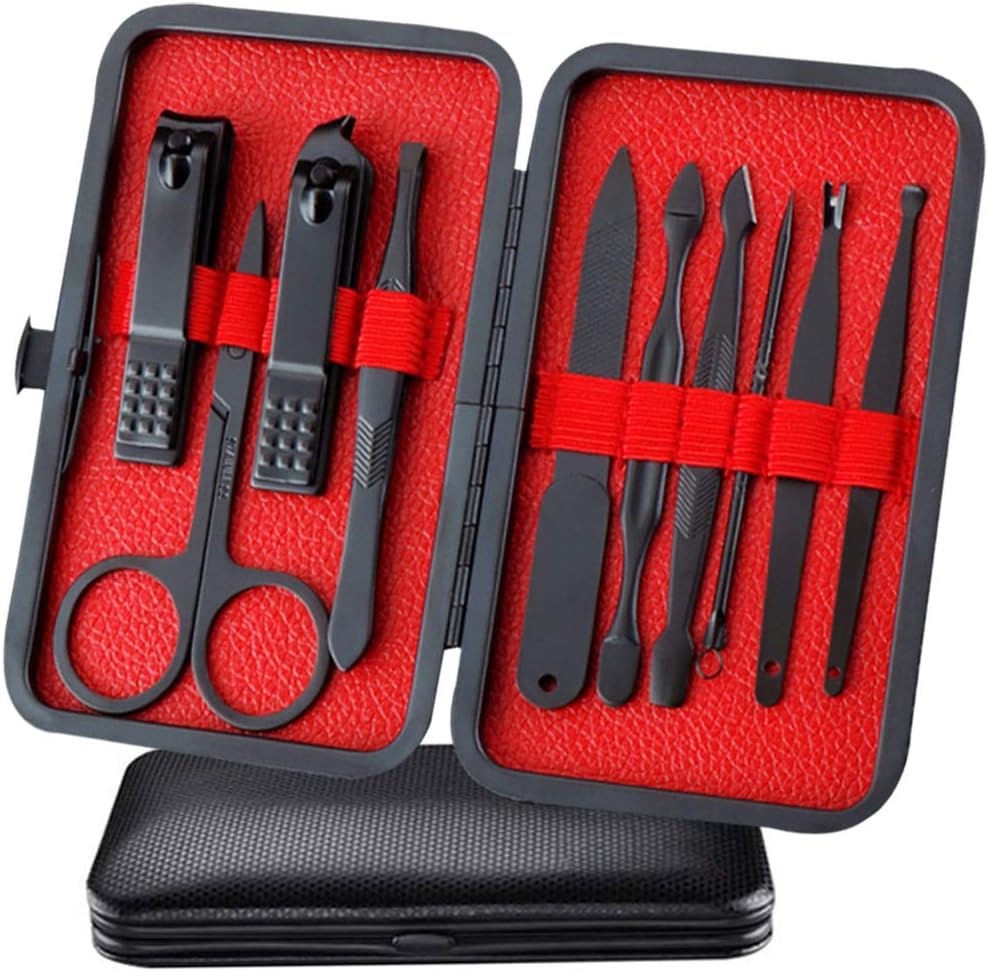 Sharp Nail Scissors and Nail Clippers Set High Precisio Stainless Steel Nail Cutter 10 pcs Pedicure Kit Nail File Manicure Pedicure Kit Fingernails & Toenails with stylish case (red_(10in1))
