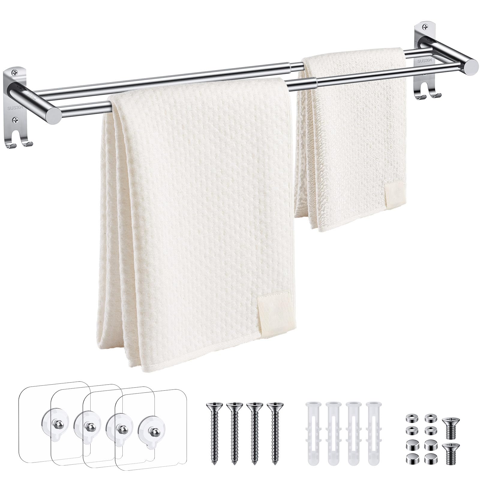 Tanice Double Towel Rail, Stainless Steel Towel Rail Retractable 40-70 cm/15.75-27.56 Inch Towel Rack Wall Mounted with Screws for Bathroom and Kitchen