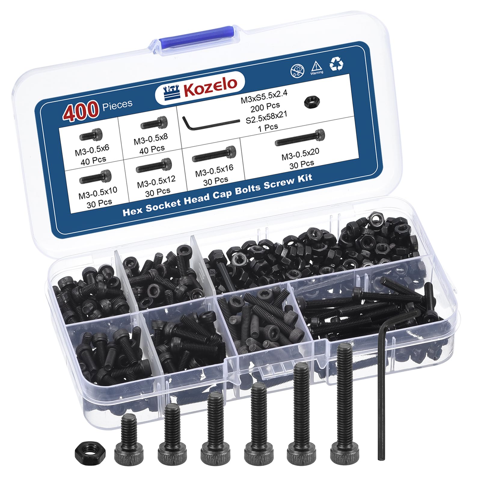 Kozelo 400pcs M3 Socket Head Cap Screws Bolts Nuts Assortment Kit - [M3x6/8/10/12/16/20mm] Alloy Steel Fully Threaded Black Oxide 12.9 Internal Hex Screw for 3D Printer Use, with Wrench — image 1