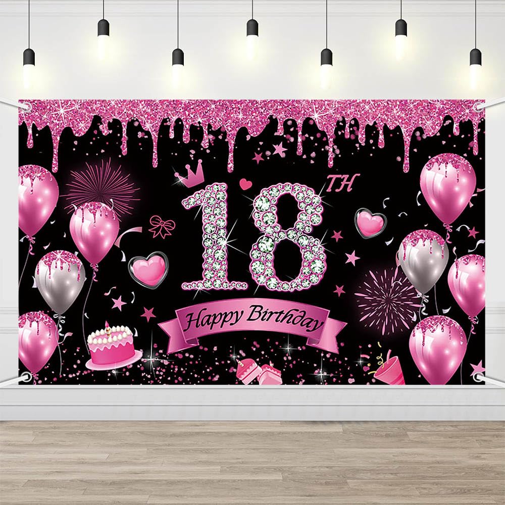Photo 1 of AIBIIN Hot Pink 18th Birthday Backdrop Girls Happy 18th Birthday Party Banner18 Years Old Party Decorations Adult Ceremony Party Photo Props 6x3.6ft