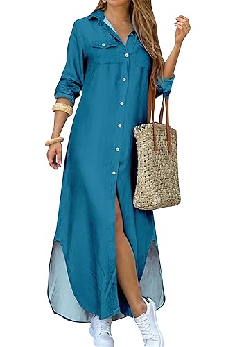DIACACY Lady Long Sleeve Casual Swings Maxi Dress Fashion Graffiti Side  Slit Blouse Dress with Pockets Turquoise S in Dubai - UAE | Whizz Dresses