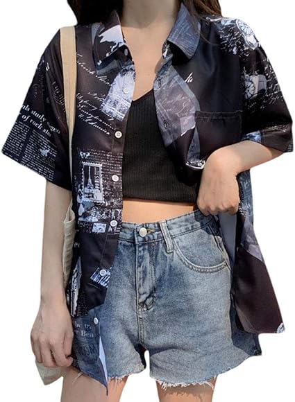 Amazon Shuming レディース シャツ ブラウス 半袖 アロハシャツ ゆったり 韓国 トップス 五分袖 プリント柄 ファッション 夏 ハワイシャツ ビーチ リゾート シャツ ブラウス 通販