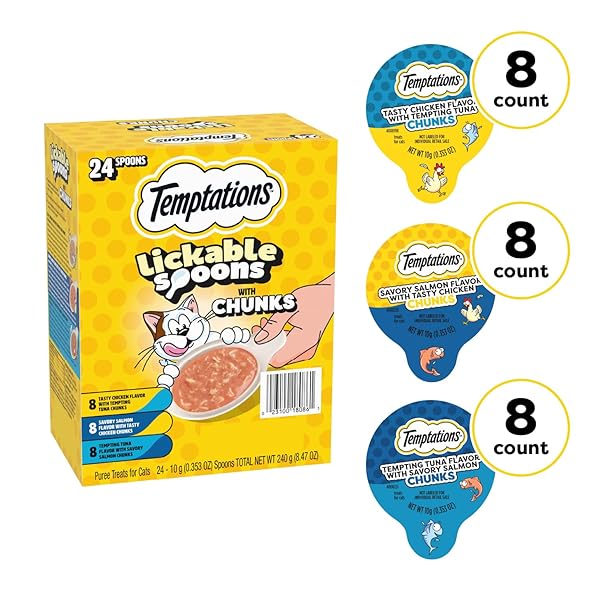 TEMPTATIONS LICKABLE SPOONS, SOFT LICKABLE CAT TREATS, ADULT WET CAT TREATS, VARIETY PACK, 24 SPOONS