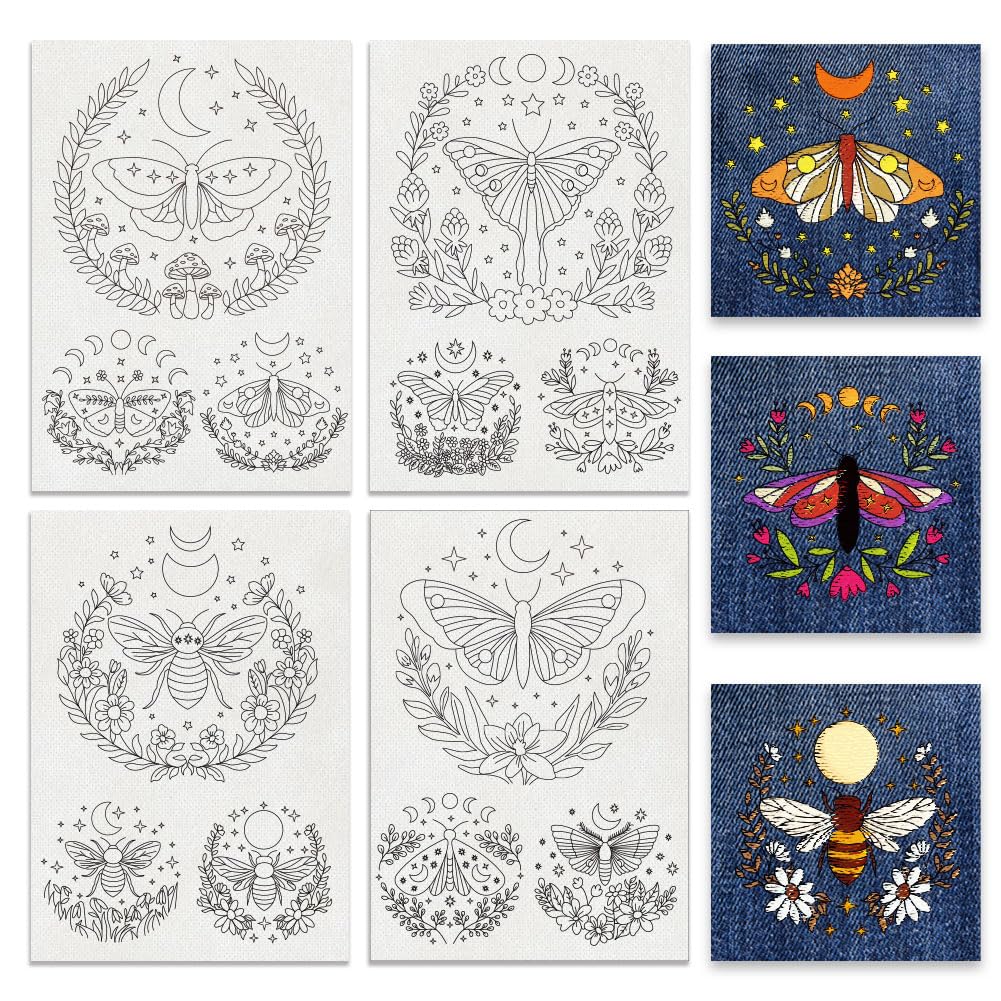 BENECREAT 4 Sheets 12Pcs Moth Water Soluble Embroidery Patterns, 29.7x21cm Star Moon Flower Moth Combo Stick and Stitch Embroidery Paper Stabilizer for Hand Sewing Lover Beginners