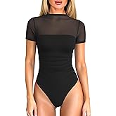 OQQ Women Short Sleeve Bodysuit Tummy Control Shapewear Mesh One Piece Leotard Shirts Going Out Tops