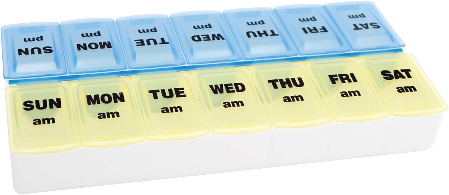 Apex Twice-A-Day Weekly Pill Organizer, Weekly Pill Organizer, 2 Times a Day Color-Coded, Easy-Open, See-Through Lids, Organize Medication or Vitamins by AM, PM or Morning and Bedtime: Health & Personal Care