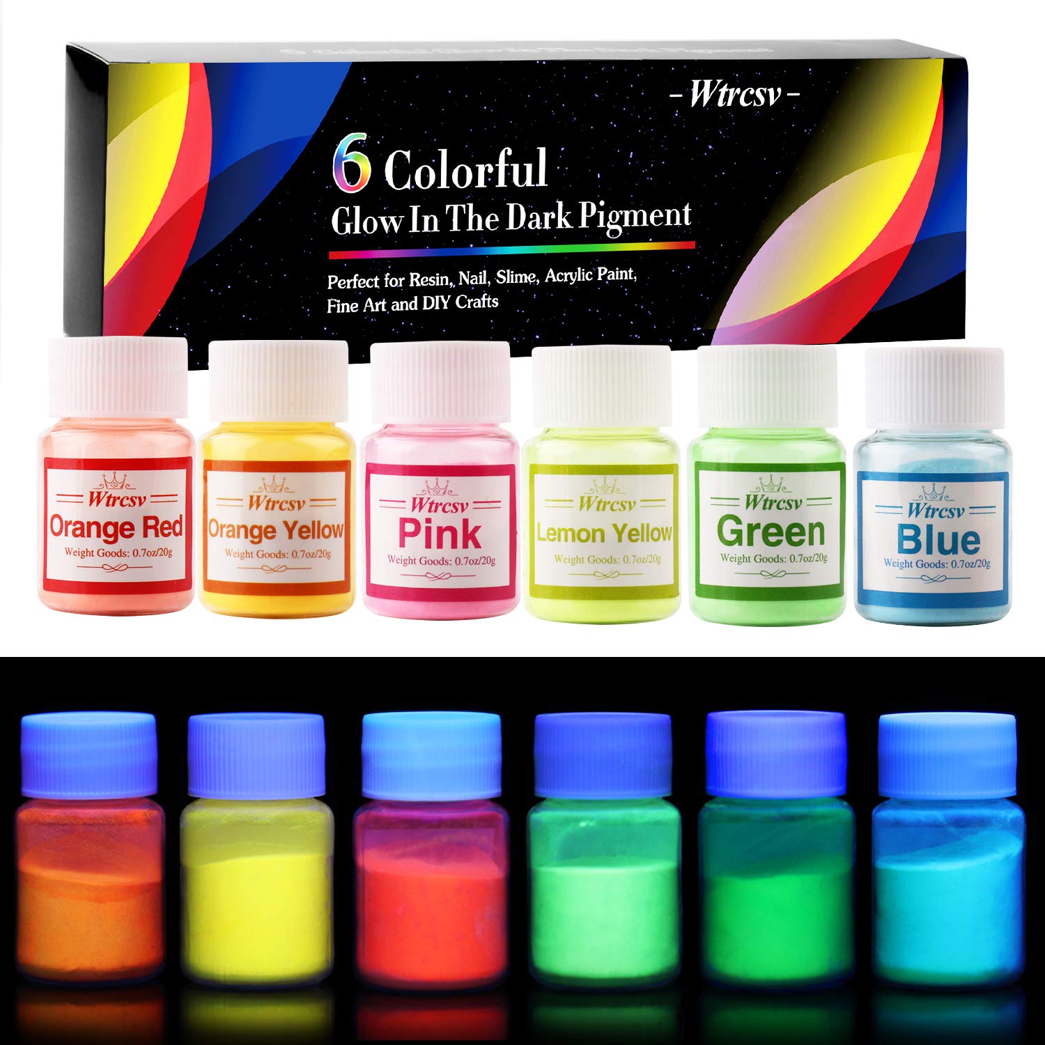 Glow In The Dark Pigment, Wtrcsv 6 Color Luminous Powder Non-Toxic Safety Pigment Powder for Paint, Slime, Nails, Resin, Concerts or DIY - 20g/0.7oz Each(Total 4.2oz)