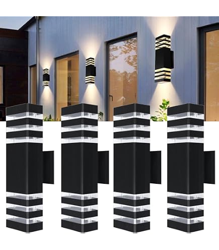 Futxnziey 4-Pack Dusk-to-Dawn Outdoor Wall Lights – Modern Black Aluminum Sconce With Up/Down Lighting, Waterproof & Energy-Saving For Porch, Patio, Garage