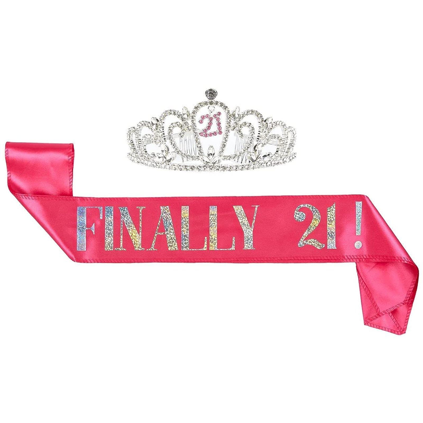 2-Piece Set of Birthday Girl Tiara and Birthday Sash - Rhinestone Crown with"Finally 21!" Polyester Sash Decoration for 21st Birthday Celebrations, Pink
