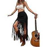 WDIRARA Women's Fringe Bodycon Skirts High Waisted Tassel Suede Western Cowgirl Maxi Skirts
