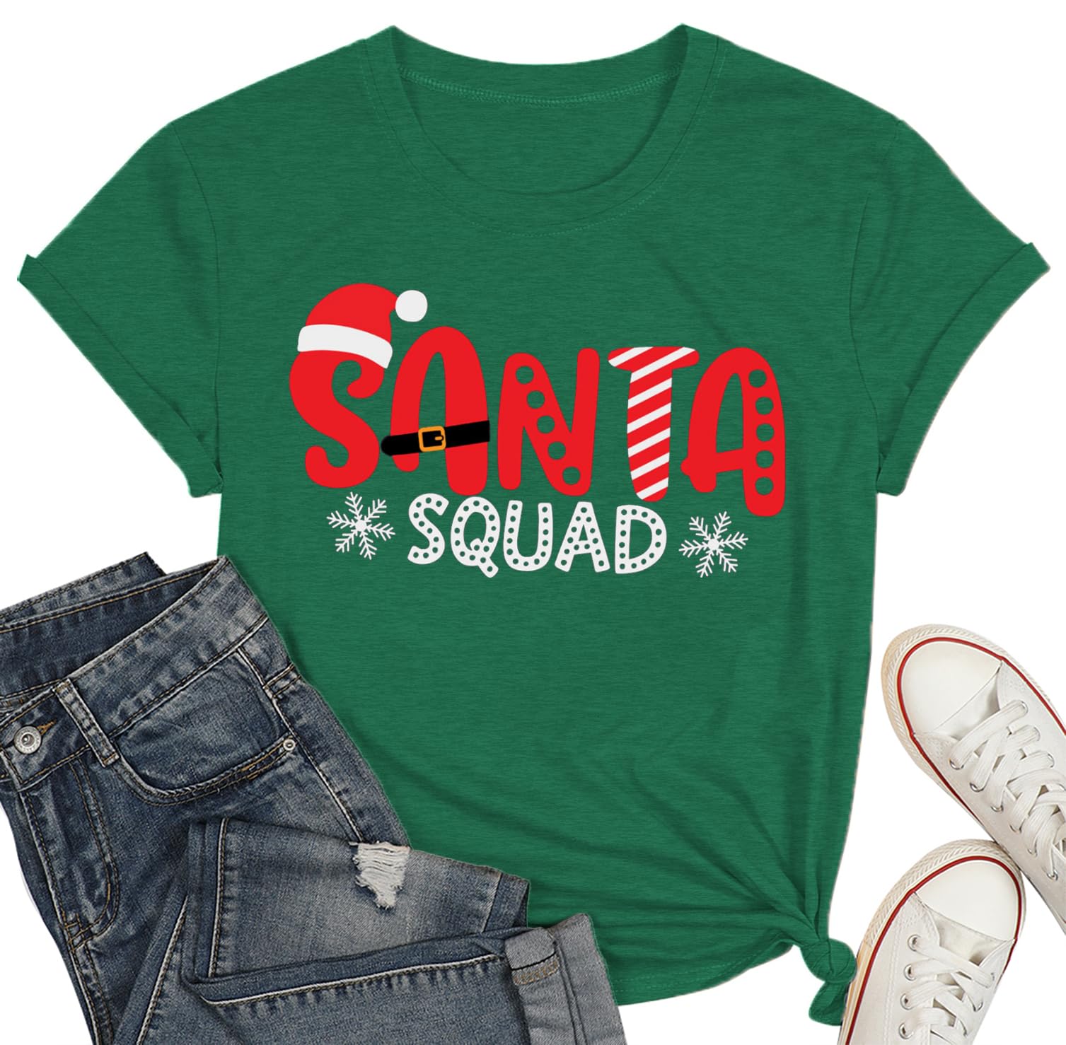 Christmas Squad Shirt for Women Santa's Squad T-Shirt Xmas Holiday Graphic Tee Tops Green
