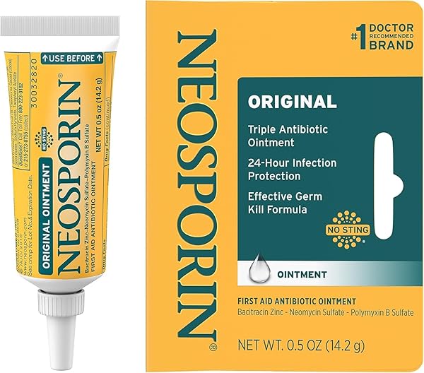 NEOSPORIN ORIGINAL FIRST AID ANTIBIOTIC OINTMENT WITH BACITRACIN ZINC FOR INFECTION PROTECTION, WOUND CARE TREATMENT & SCAR APPEARANCE MINIMIZER FOR MINOR CUTS, SCRAPES AND BURNS,.5 OZ