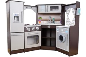 KidKraft Ultimate Corner Wooden Play Kitchen with Lights & Sounds, Play Phone and Curtains, Espresso, Gift for Ages 3+