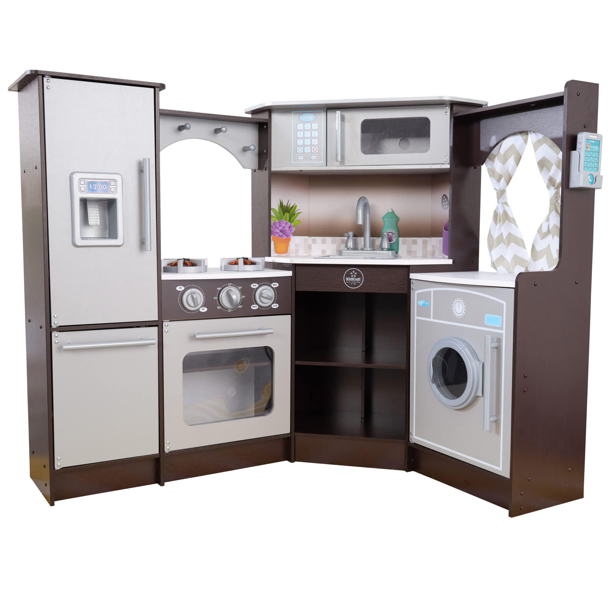 Photo 1 of ***POSSIBLY FOR PARTS/ MISSING ASSEMBLY PIECES*** KidKraft Ultimate Corner Wooden Play Kitchen with Lights & Sounds, Play Phone and Curtains, Espresso, Gift for Ages 3+