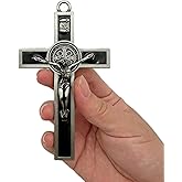 BONITTER Antique Silver Crucifix Wall Cross-St. Benedict Metal Wall Art-5.0 InchX2.7 Inch Black White Brown Enamel Give Blessing and The Spiritual Sacred:Faith Gift for your Acquaintances (Black)
