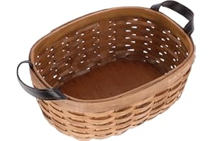 Ipetboom Wooden Woven round Basket with Leather Handles Small Rustic Table Basket for Bread Fruit