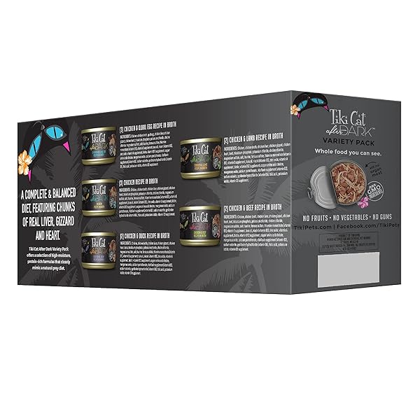 TIKI CAT AFTER DARK, VARIETY PACK, HIGH-PROTEIN AND 100% NON-GMO INGREDIENTS, WET CAT FOOD FOR ADULT CATS, 2.8 OZ. CANS (PACK OF 12)