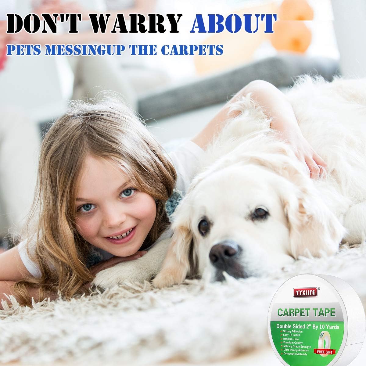 YYXLIFE Double Sided Carpet Tape for Area Rugs Carpet Adhesive Rug Gripper Removable Multi-Purpose Rug Tape Cloth for Hardwood Floors, Outdoor Rugs, Carpets.Heavy Duty Sticky Tape, 2Inch x 10 Yards, White - - 