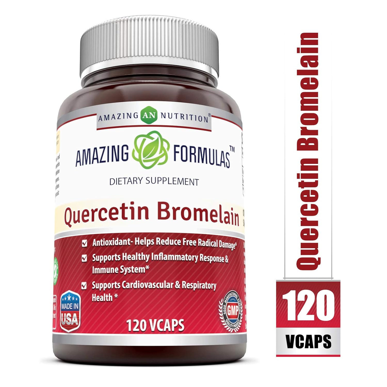 Amazing Nutrition- Quercetin 800 Mg with Bromelain 165 Mg, 120 Vcaps: A Potent Team Providing Amazing Health Benefits. Anti-oxidant and Anti-inflammatory Properties. Supports Heart Health, Joint Health, Energy Production, Respiratory Health, Inflammatory Response and Overall Healthy Well-being!!
