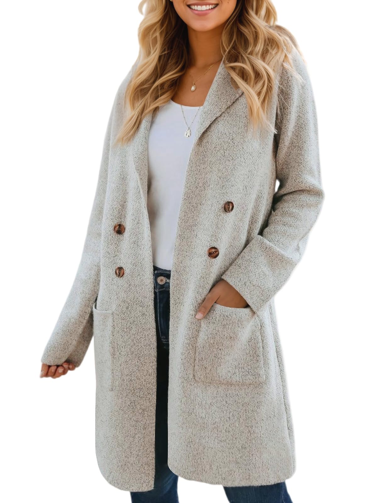 Photo 1 of CiCiBird Women Fall Winter Long Cardigan Sweater Trendy Knit Jacket Coat Dressy Blazer Coatigan Apricot M