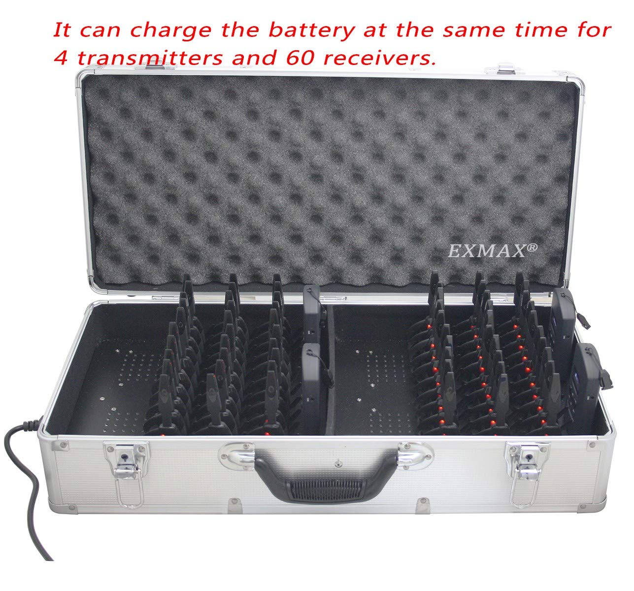 EXMAX EXD-6688 2.4GHZ Wireless Whisper Tour Guide Microphone Headsets System Support Two Transmitters Working for Meeting Teaching Training(2 Transmitters & 30 Receivers with 32-slot Charging Case)