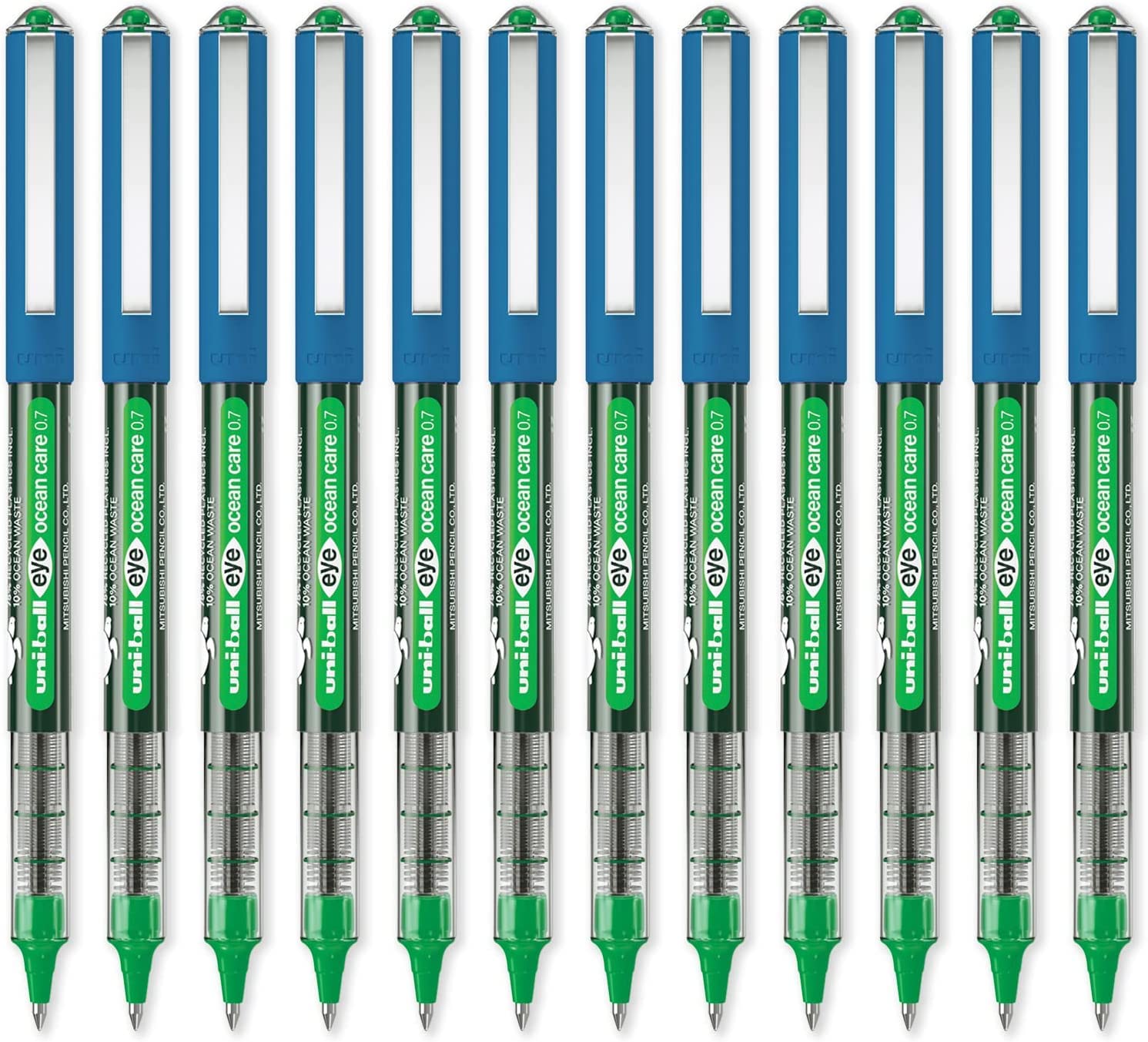 uni-ball Eye Ocean Care UB-157ROP Rollerball Pens - Fine 0.7mm Ballpoint Tip - Writing, Drawing, Art, Crafts and Colouring - Fade and Water Resistant - Pack of 12 Green Ink