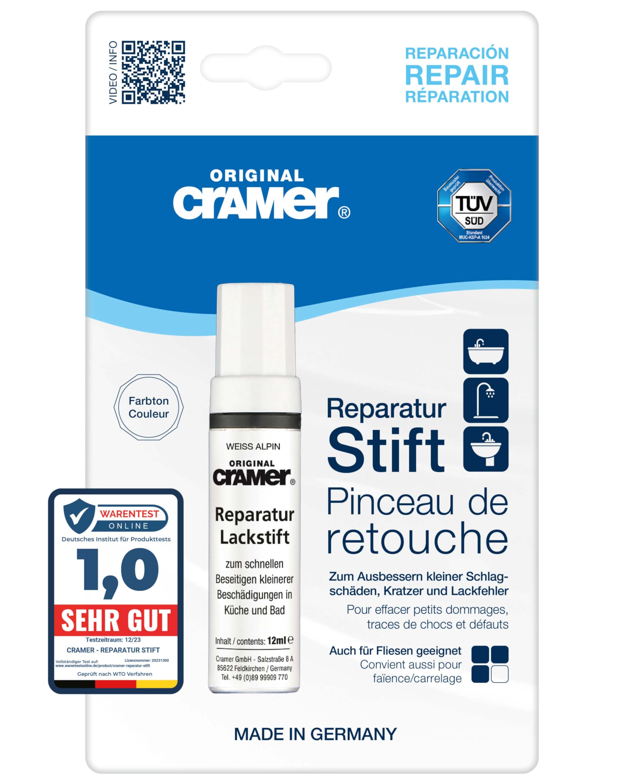 Cramer S201AMZ Bath Touch Up Stick, alpine white , 12 ml