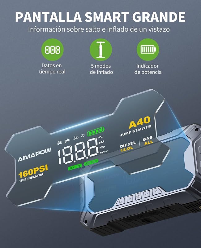 Arrancador de Coches 9000A con Compresor, 160PSI Inflador de Neumáticos, Jump Starter 12V, Arrancador de Baterias de Coche (Todo Gasolina o 12L Diésel), Pantalla LCD, Luz LED, USB-C Portátil