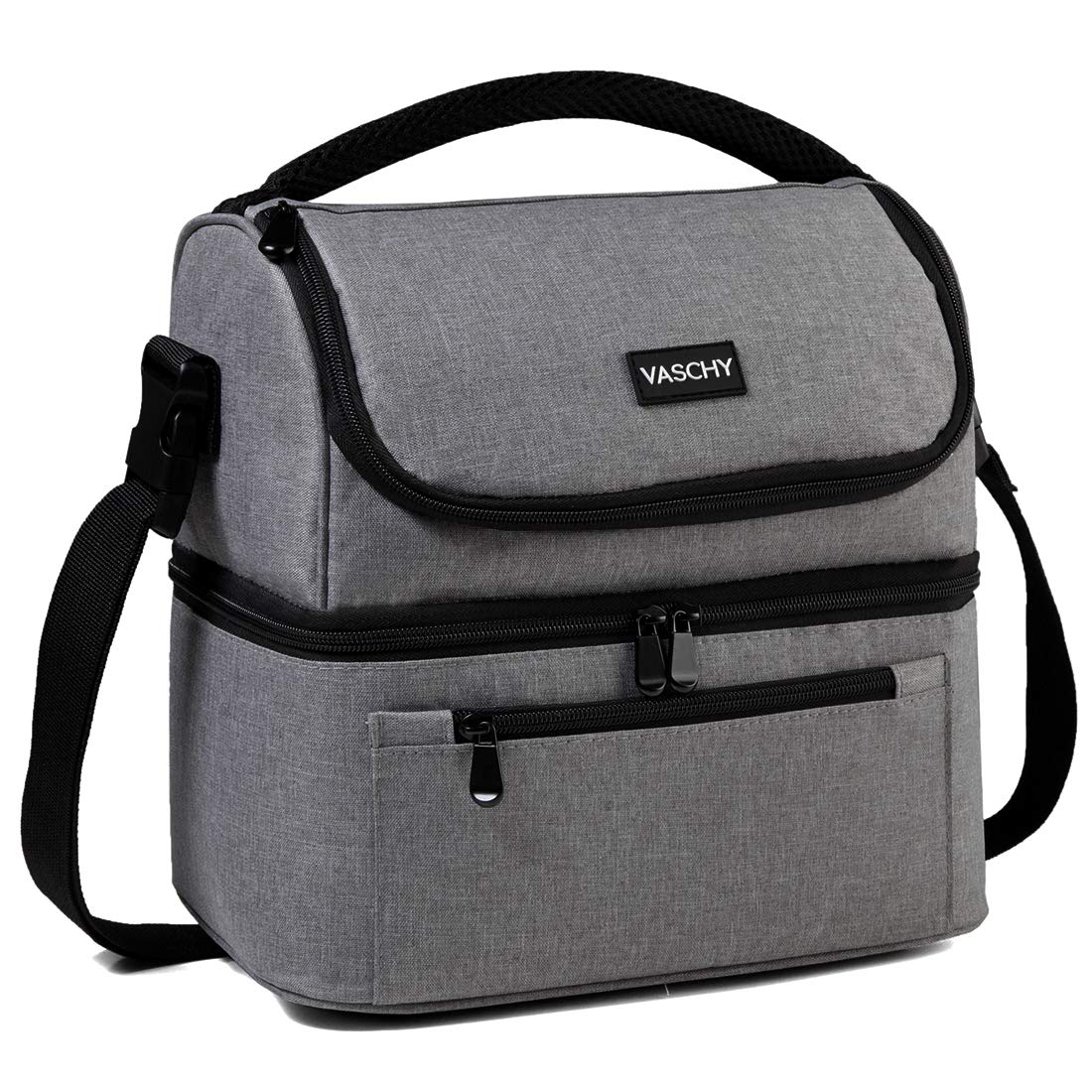 VASCHY Insulated Lunch Bag 14.3L Double Compartment for Women Men, Large Capacity, Insulated Water Resistant Tote Bag for Work Picnic with Shoulder Strap (Grey)