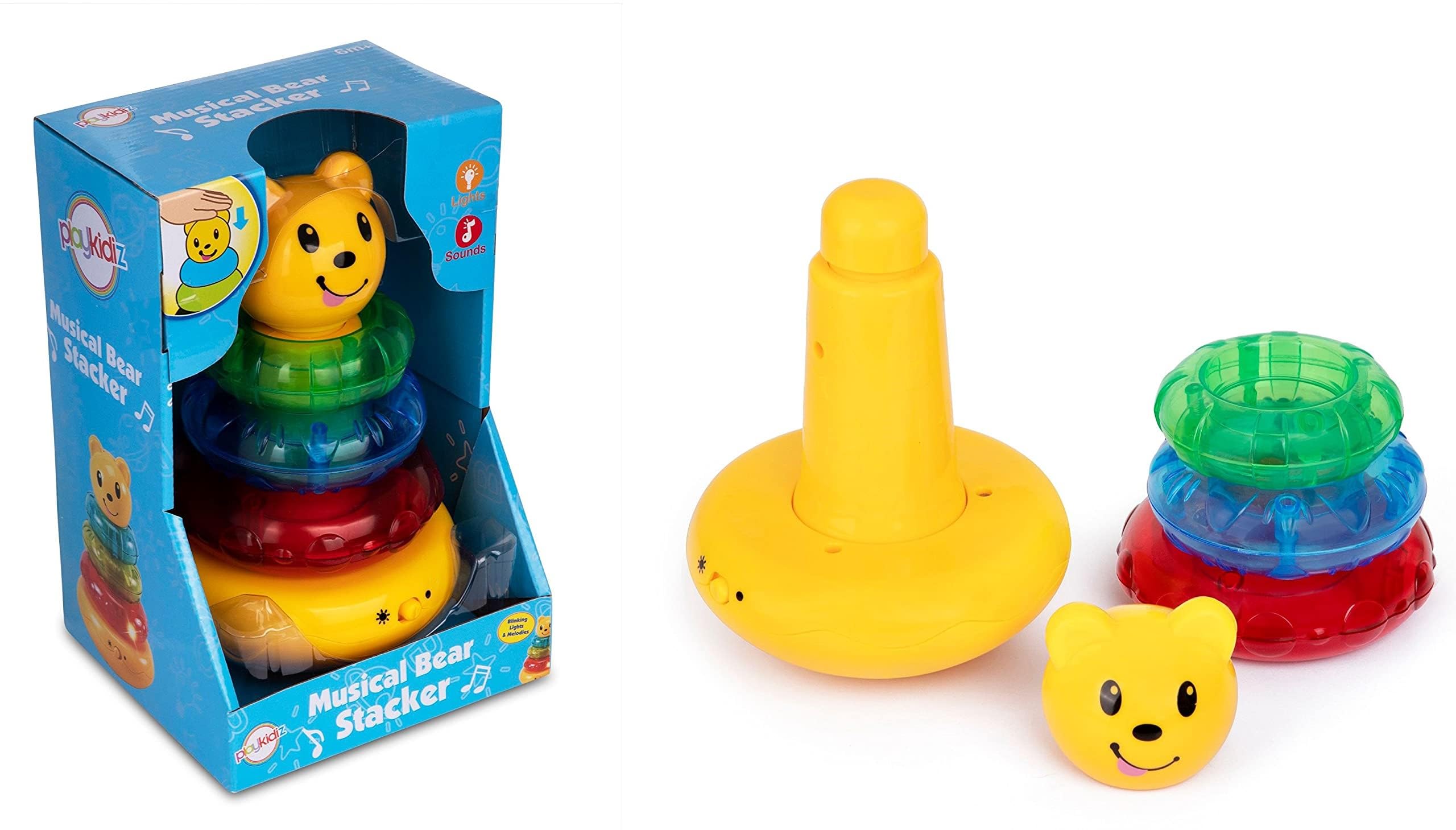 Playkidiz Musical Bear Ring Stacker, Stacking Rings Toy with Lights and Sounds for Toddlers - Sensory and Educational Toy for Girls and Boys, Great Birthday Gift