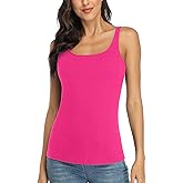 V FOR CITY Hot Pink Tank Top with Shelf Bra Women's Adjustable Wide Strap Camisole Basic Cotton Cami Shirts M