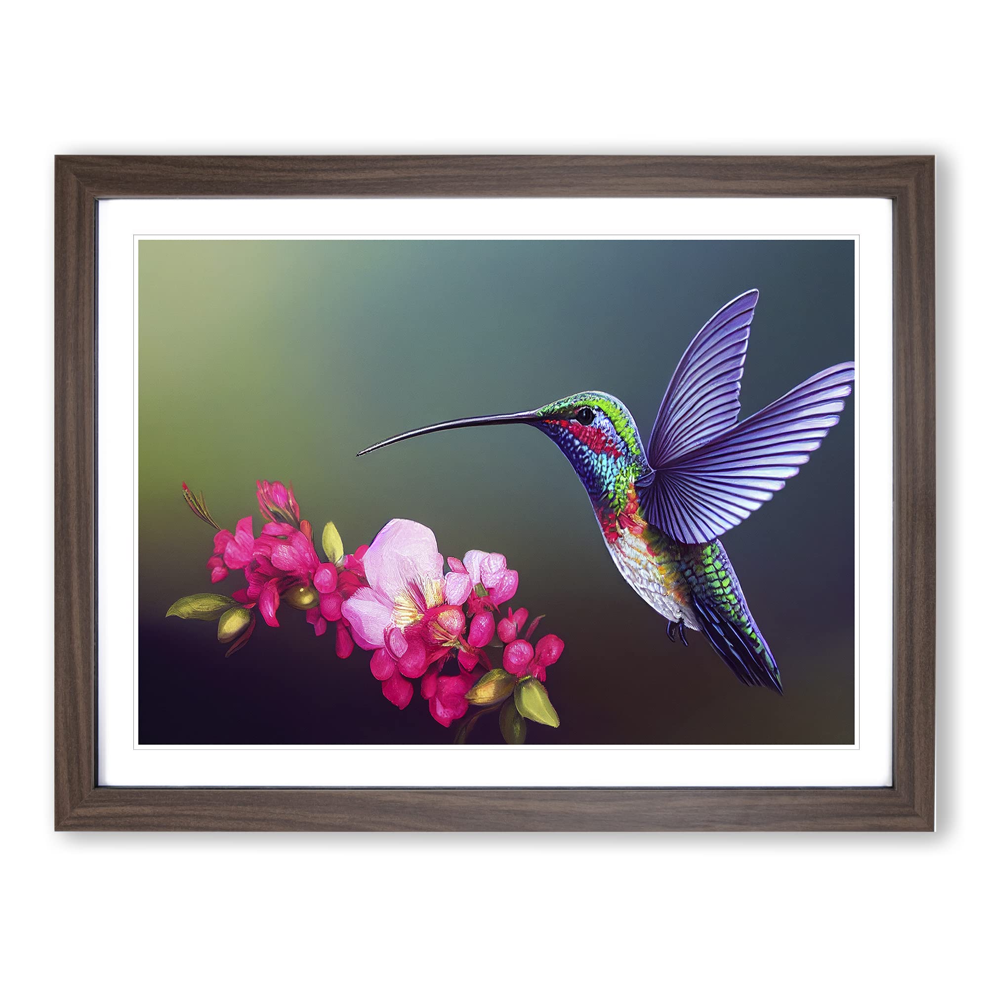Unreal Floral Hummingbird Framed Print | A4 Walnut Framed Wall Art | Ready to Hang | Modern Floral Picture | Living Room Bedroom Lounge Office