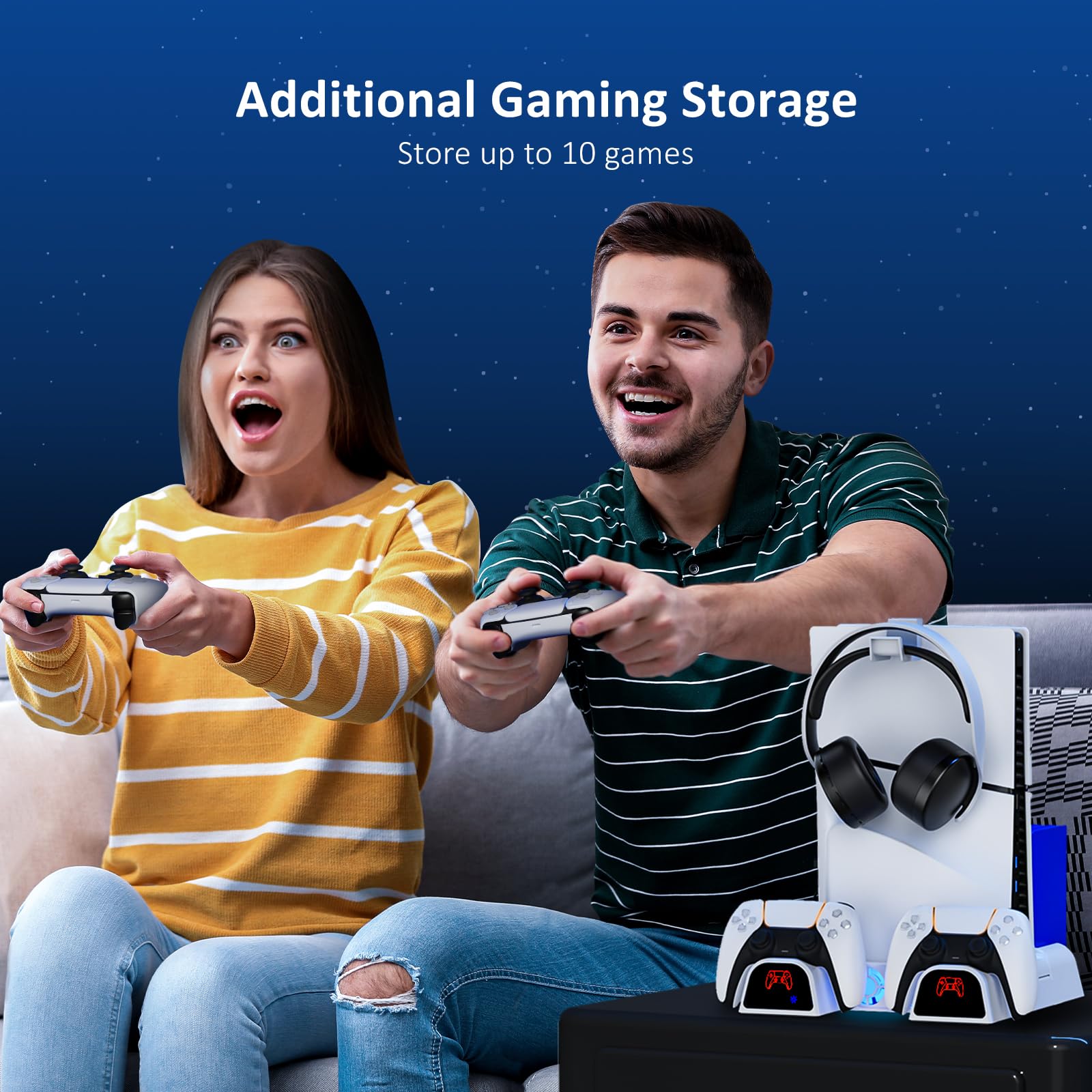 NexiGo PS5 / PS5 Slim Stand, Silent Cooling, Dual Controllers Charger for Playstation 5 Console, 3 Level Adjustable Fan Speed, PS5 / PS5 Slim Accessories, Headset and Remote Holder, White