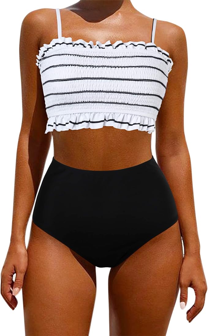 white bandeau high waisted bikini