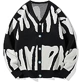 SHENHE Men's Graphic Sweater Button Down Long Sleeve V Neck Cardgian Sweater Streetwear
