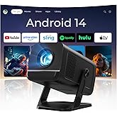 Mini Projector 1080P 4K Support with WiFi 6 and Bluetooth 5.4 Built-in Apps TV Android 14 Auto Keystone Outdoor Portable Projector Compatible with iOS/HDMI/TV Stick VisualCube 300 Black