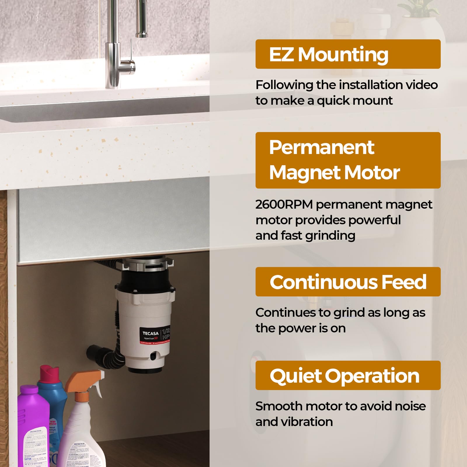 1/2 HP Garbage Disposal, TECASA Power Cord Included, Continuous-Feed Stainless Steel Food Waste Grinding System for Kitchen Sink Disposal, White and Black, HyperCrush 50