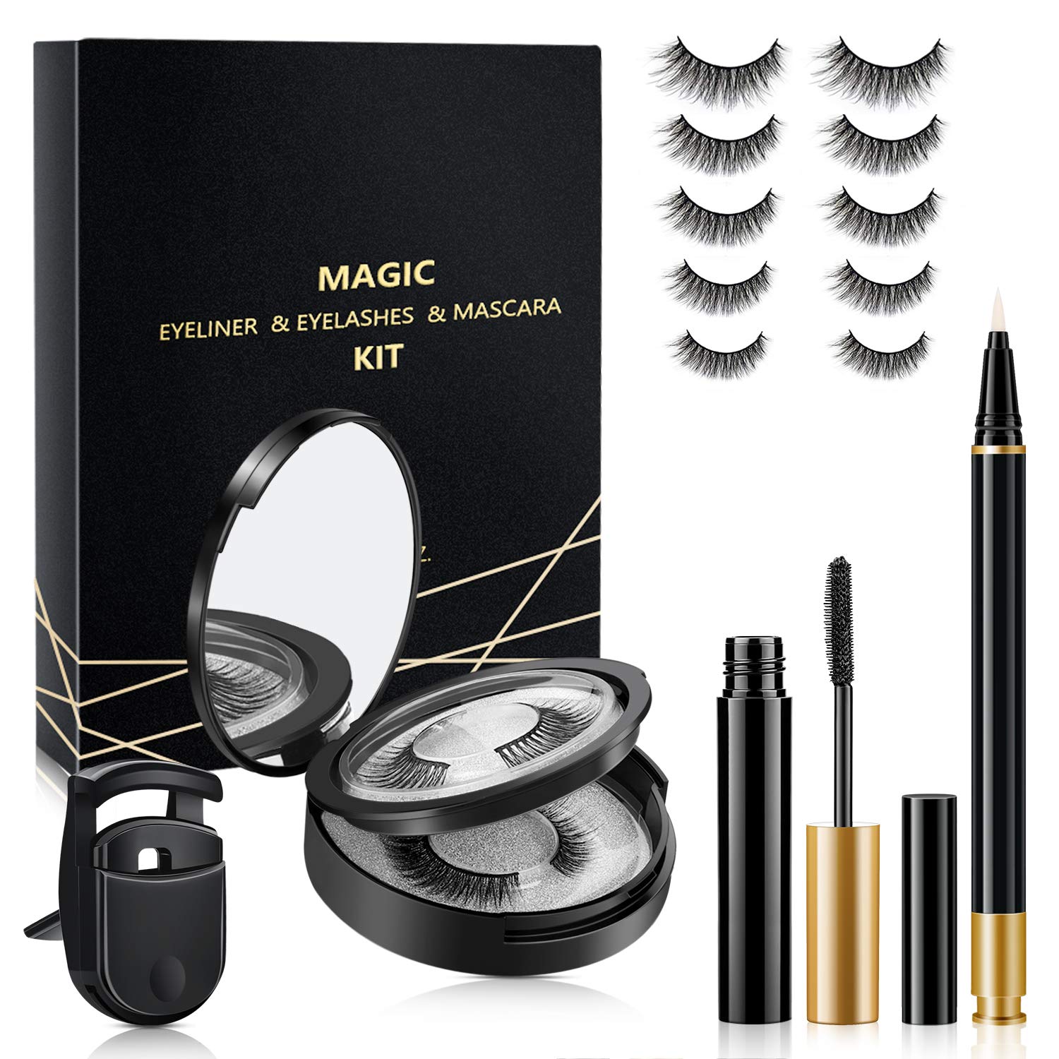 AOVSHEY Lash Glue Liner with Eyelashes Kit,3 Pairs Full Faux Mink Eyelashes with Free Mascara and Eyelash Curler,Extra Strong Hold for Lashes