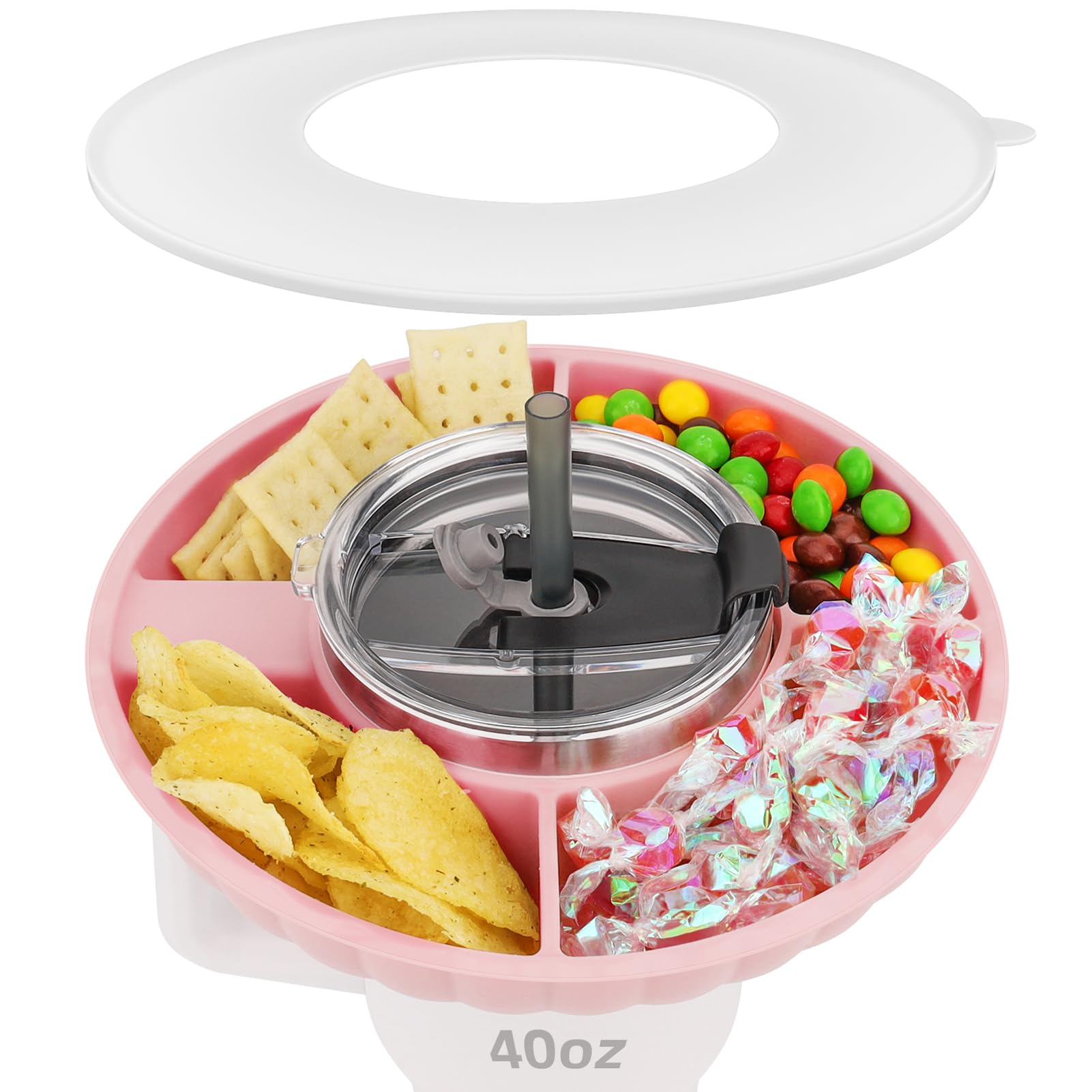 Musiwanna Snack Tray with Lid for Stanley Cup 40oz/1.18L, ONLY for 40OZ, Snack Plate Compatible with 40oz Tumbler, Silicone SnackBowl with 4 Compartments, SnackStorage Top Ring (Pink)