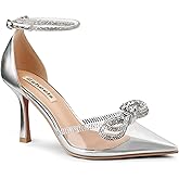 Zzheels Women's Wedding Heels Sparkly Rhinestone Stiletto Pumps Bow Heels Pointed Toe Ankle Strap High Heels Bridal Party Dress Shoes