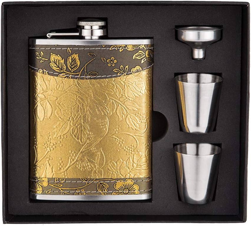 NARCE 8oz Stainless Steel Flask Funnel Set | Heavy Duty Flask Set Gift Set Includes 2 Camping Cup,Funnel and Gift Box| PROVEN GIFT For Men or Women (Gold, 8 oz / 236 ml)
