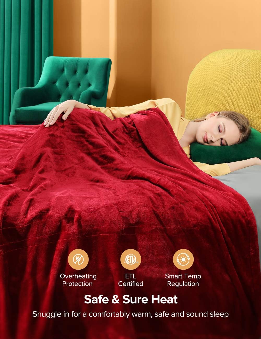 Sable Heated Blankets, 72'' x 84'' Full Size Electric Blanket Throws, Soft Flannel, Full Body Fast Heating, 10 Heat Levels, Auto-Off, ETL Certified, Overheating Protection, Machine Washable (Red): Kitchen & Dining