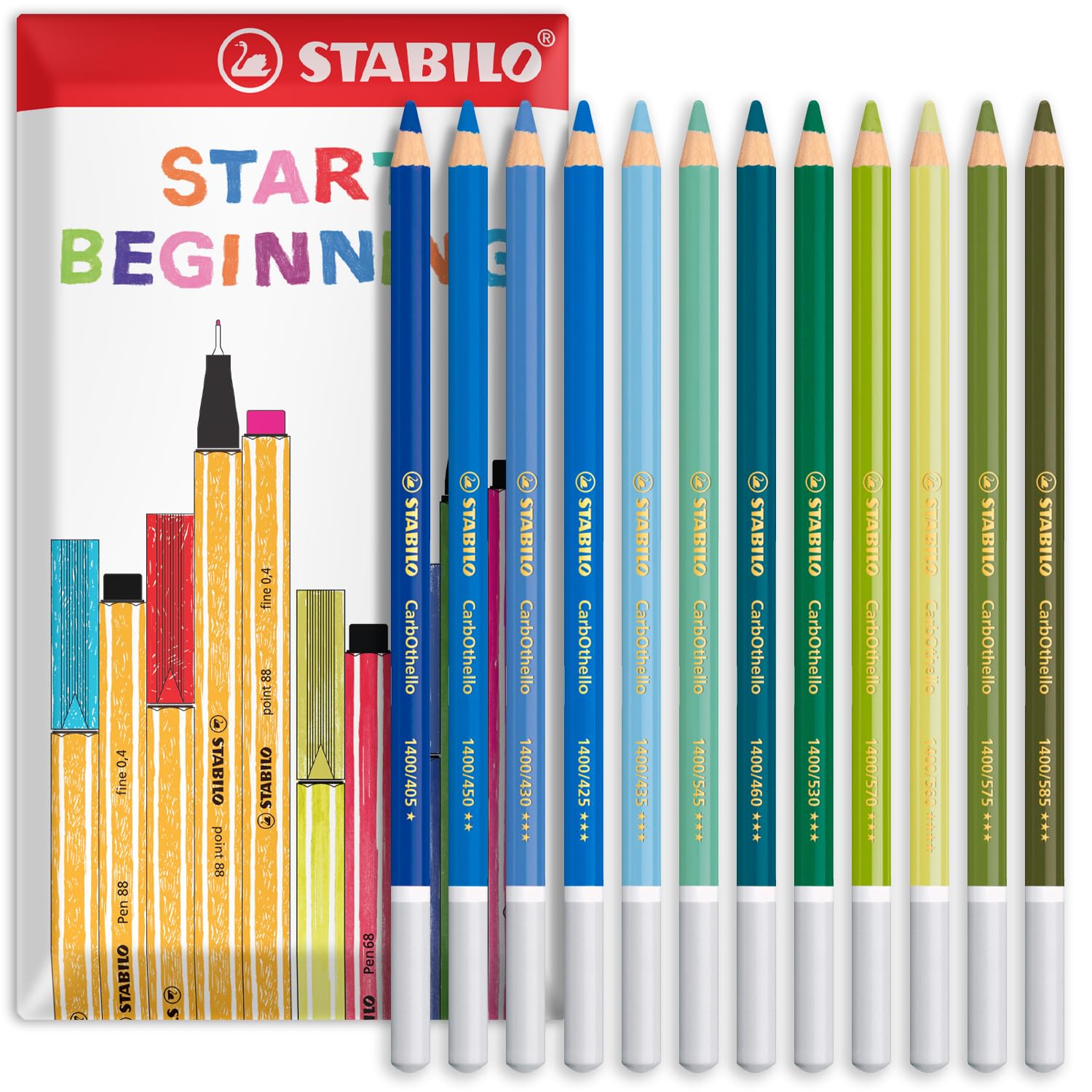 STABILO Chalk-Pastel Pencil CarbOthello - Pack of 12 - Blue Green Tones - In Envelope Gift Packaging
