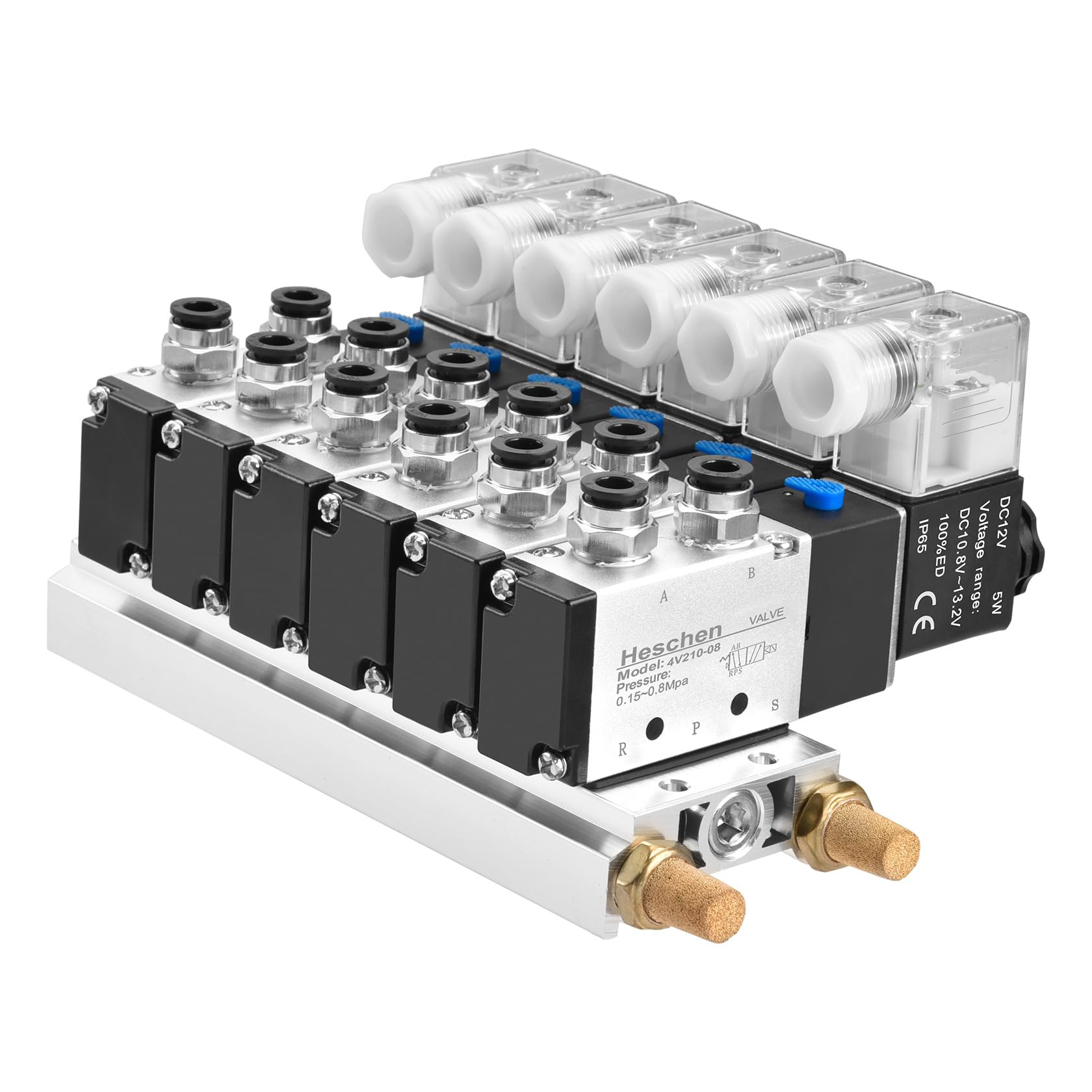 Heschen Electrical Pneumatic 6 Solenoid Valve, 4V210-08, DC12V Coil, PT1/4'' Port, 5 Way 2 Position, Manifold Base, Muffler, Quick Fittings Set