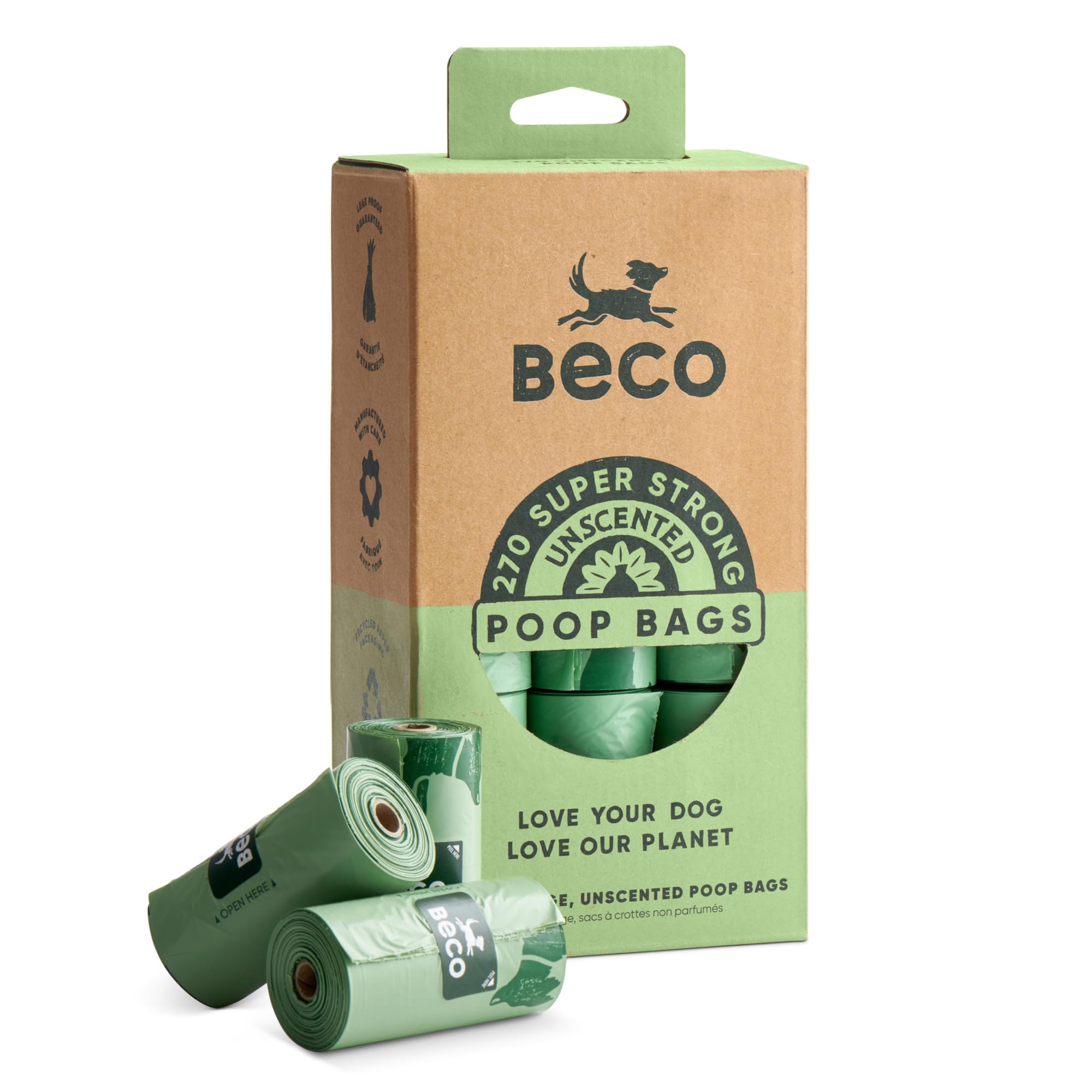 Beco Dog Poo Bags - Strong, Leakproof & Large - 100% Recycled Plastic, Extra Thick Dog Poop Bags, Heavy Duty - Unscented Refill Rolls, 270 Count