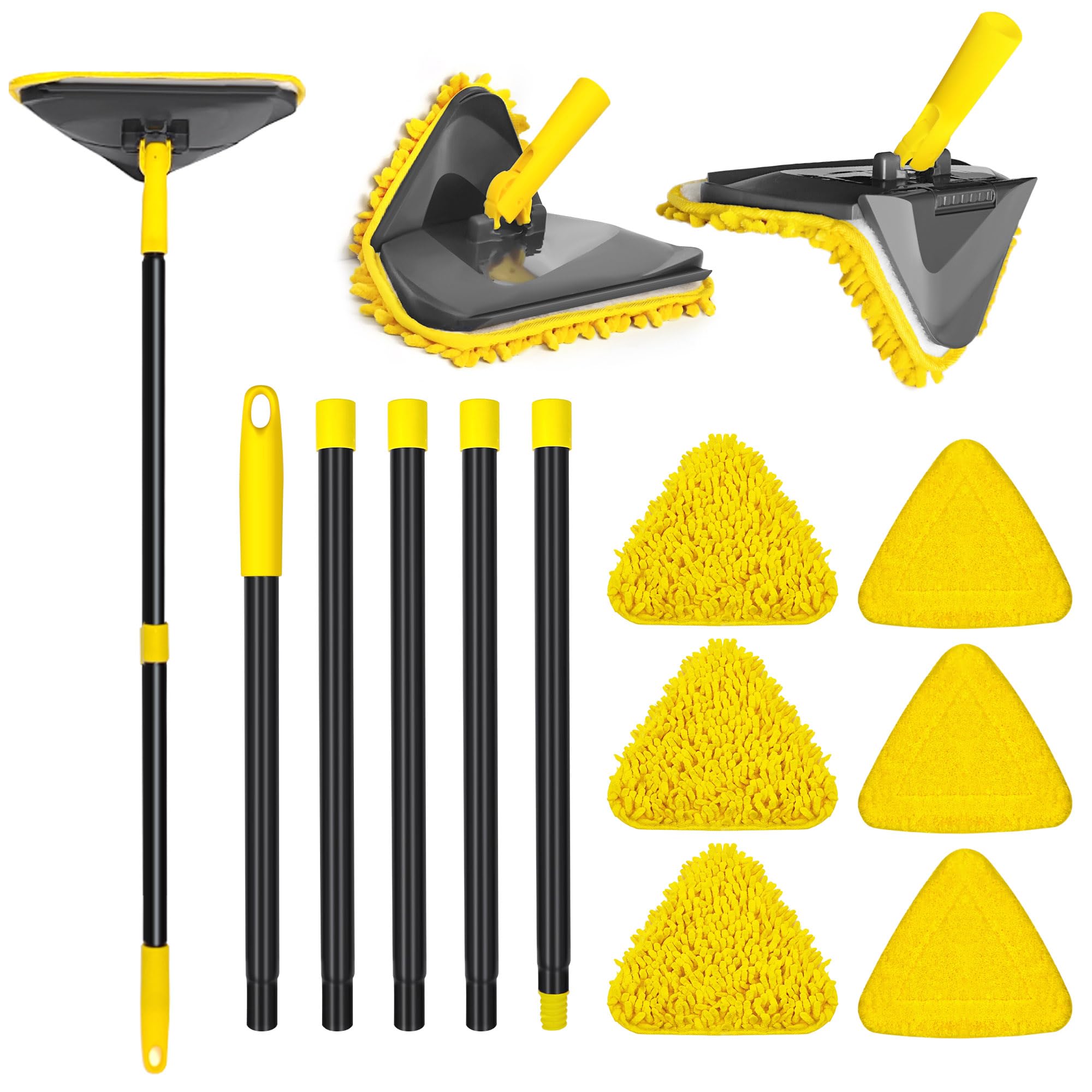 Wall Mop with 82 Inches Long Handle, Newly Upgraded 180° Folding Baseboard Cleaner Tool Duster Buddy with Window Squeegee for Cleaning Painted Wall, Ceiling, Wash Floor, 6 Replacement Pads